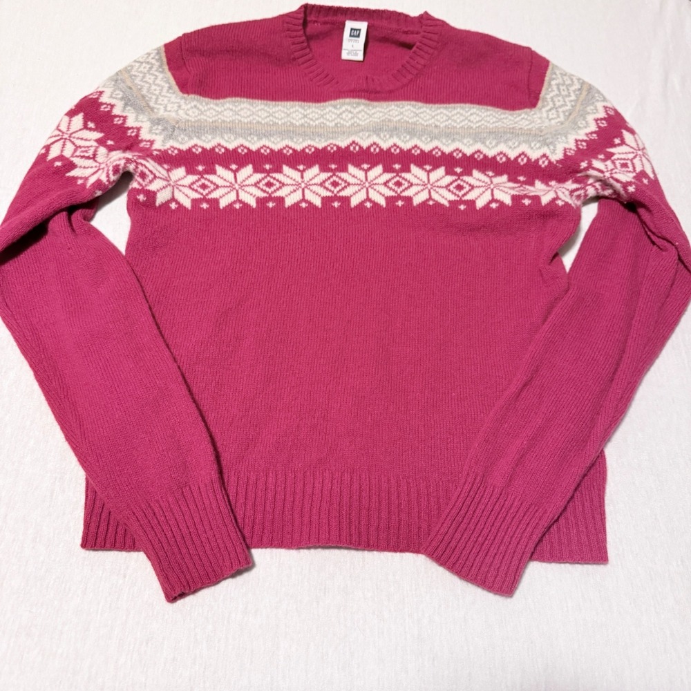 Gap Sweater Womens L Red Lambswool Fair Isle Snowflake Vintage Crewneck READ